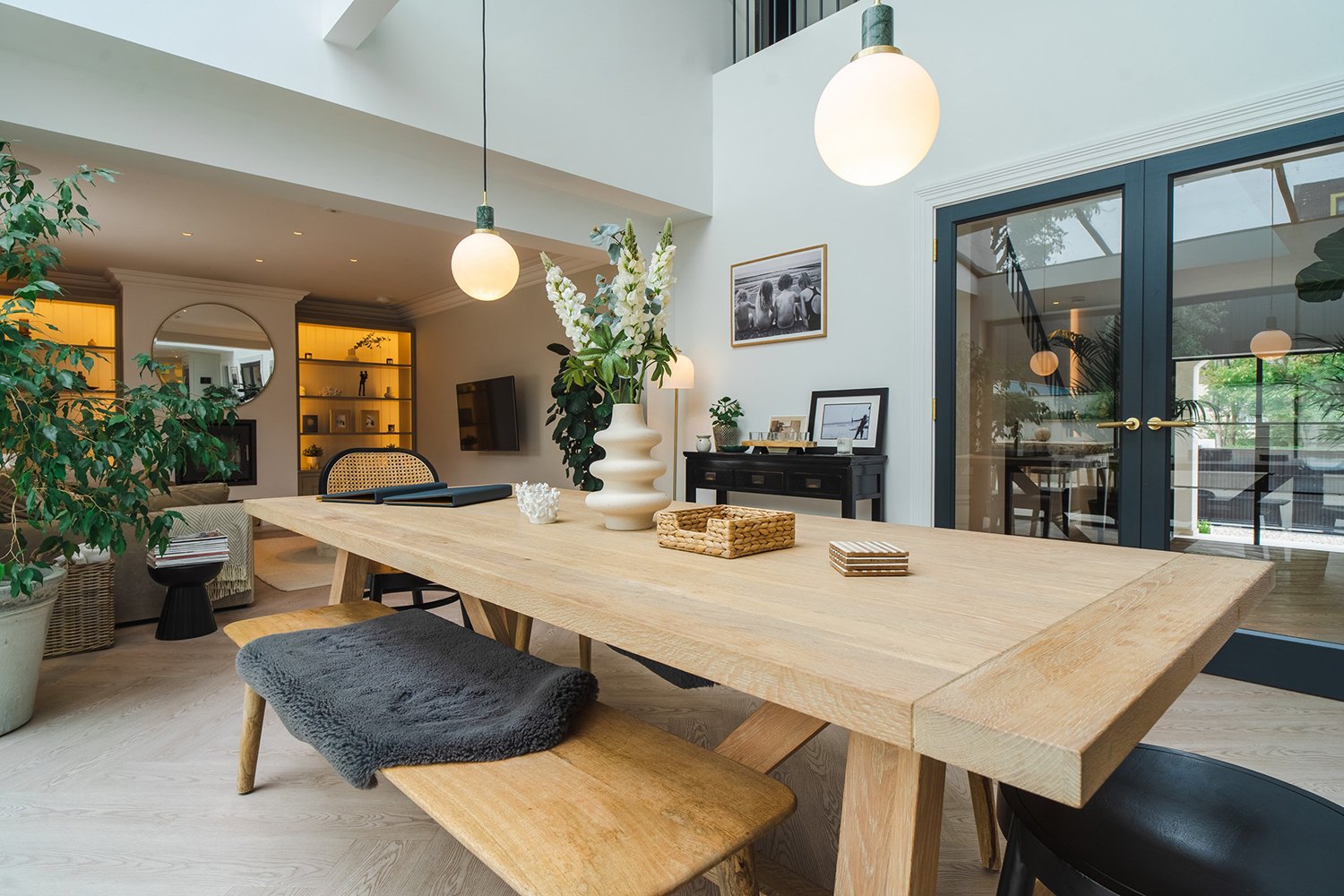 Luxury contemporary dining room with oak table