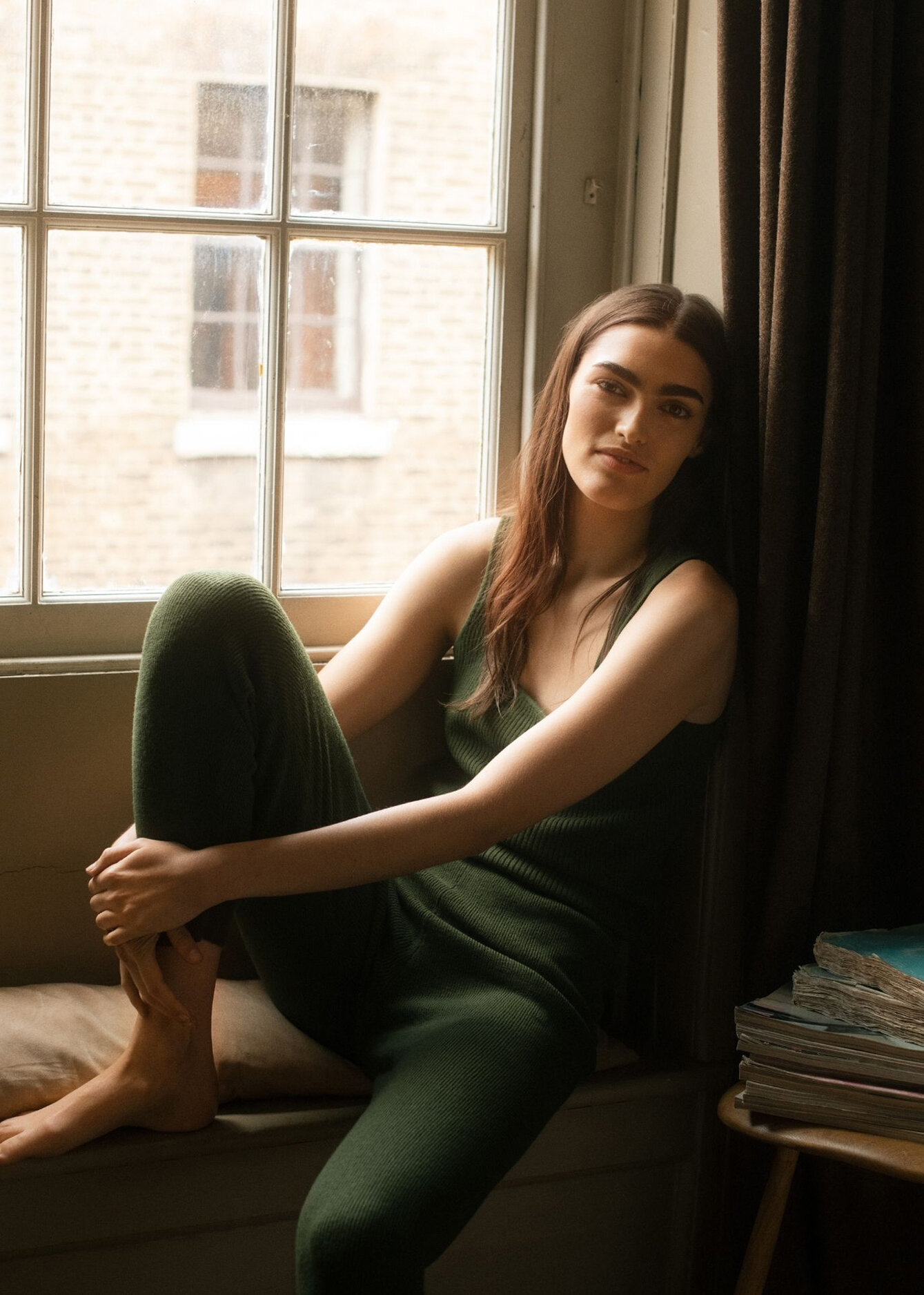 Merino Wool Ribbed Leggings-Bottle Green-Piglet in Bed.jpg