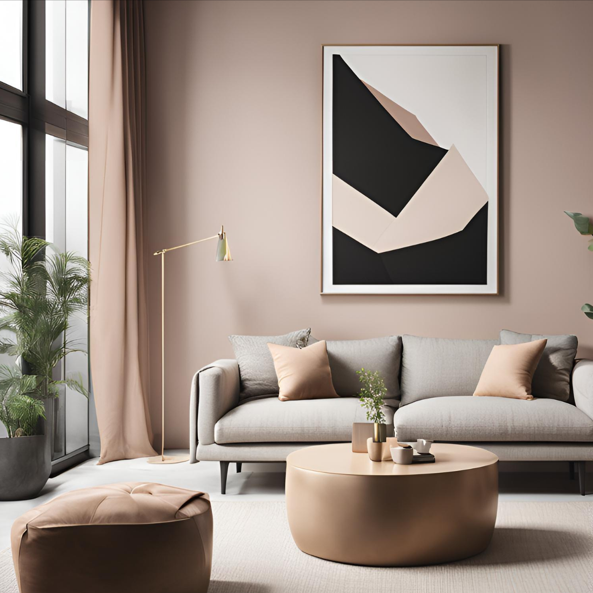 A stylish living room showcasing the rule of thirds in interior design, featuring a balanced composition: a large abstract artwork framed perfectly to one side of the wall, complementing a neutral-toned sofa. The space is thoughtfully divided, with accent pieces like a gold floor lamp, rounded coffee table, and plush pouf, creating a harmonious and visually engaging layout. Soft blush tones and greenery add warmth and texture.