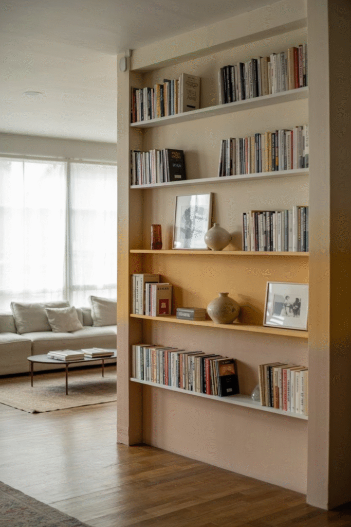 A yellow ombre effect bookcase in a modern living room.