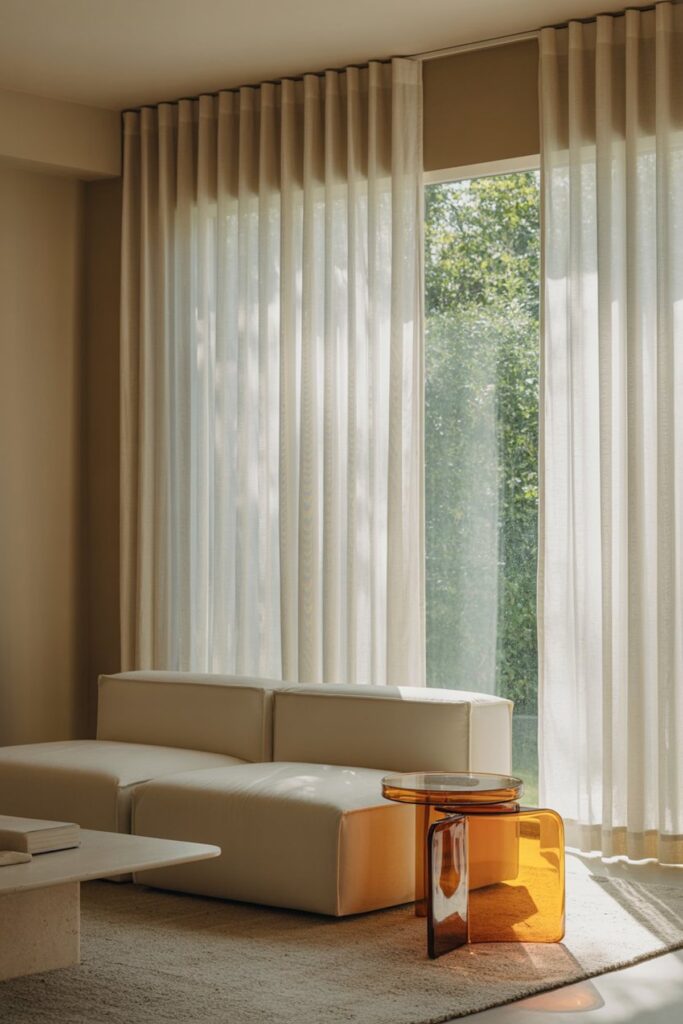 sheer drapes in a sunlit modern living room.