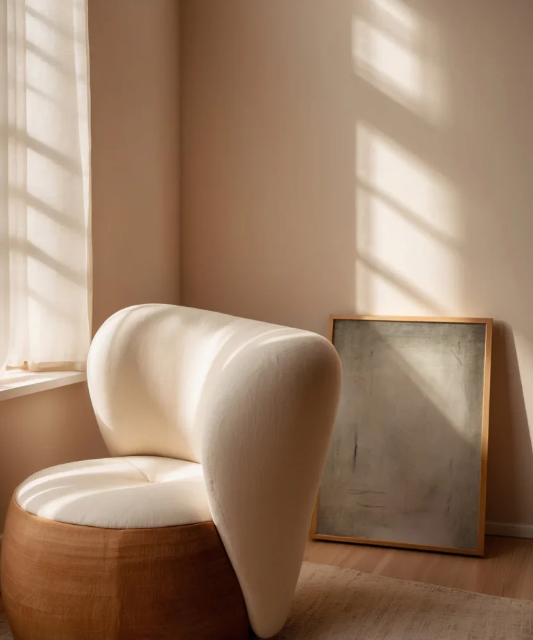 Modern sculptural lounge chair with cream upholstery and wooden base in a sunlit corner.