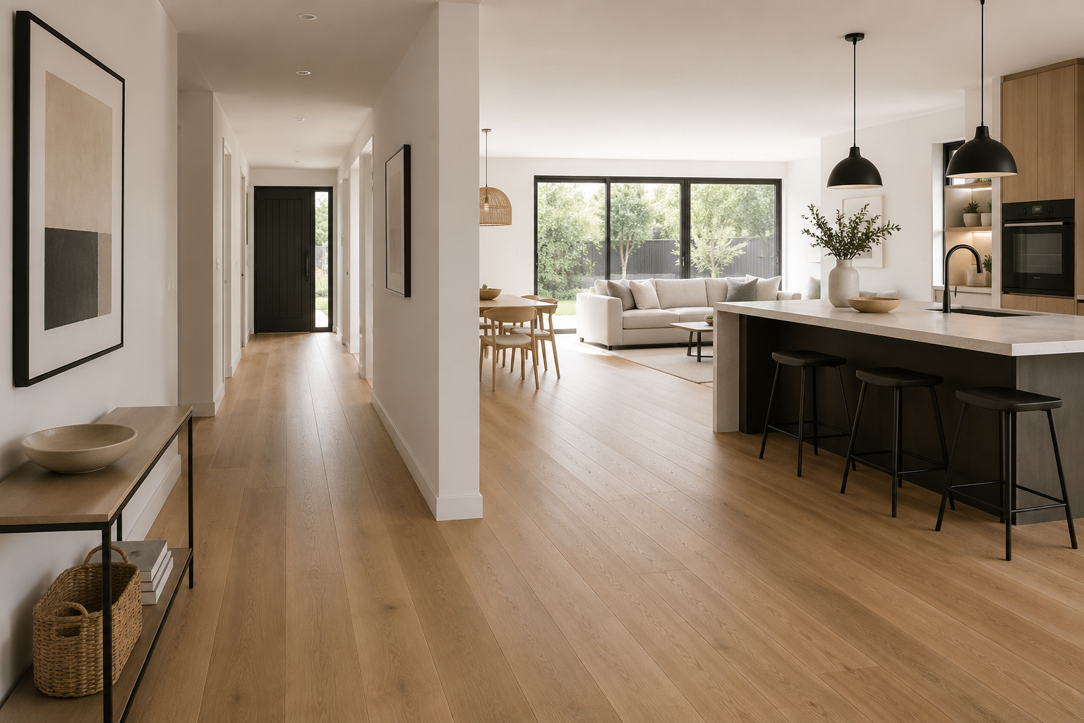 Modern open plan living space with wood flooring throughout